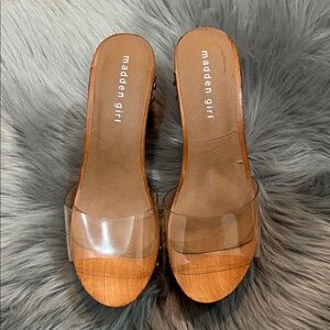 EUC Madden Girl Clear and Tan Mules Wooden sz 8.5
